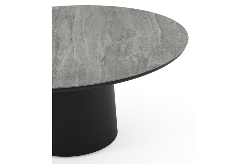 Amico low dining tuintafel rond in zwart aluminium en volkeramiek Aspen Grey - Dia. 148 x H 61 cm