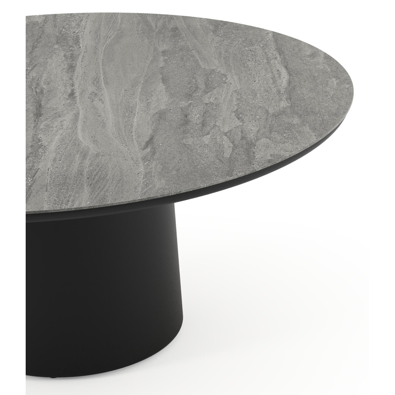 Amico low dining tuintafel rond in zwart aluminium en volkeramiek Aspen Grey - Dia. 148 x H 61 cm