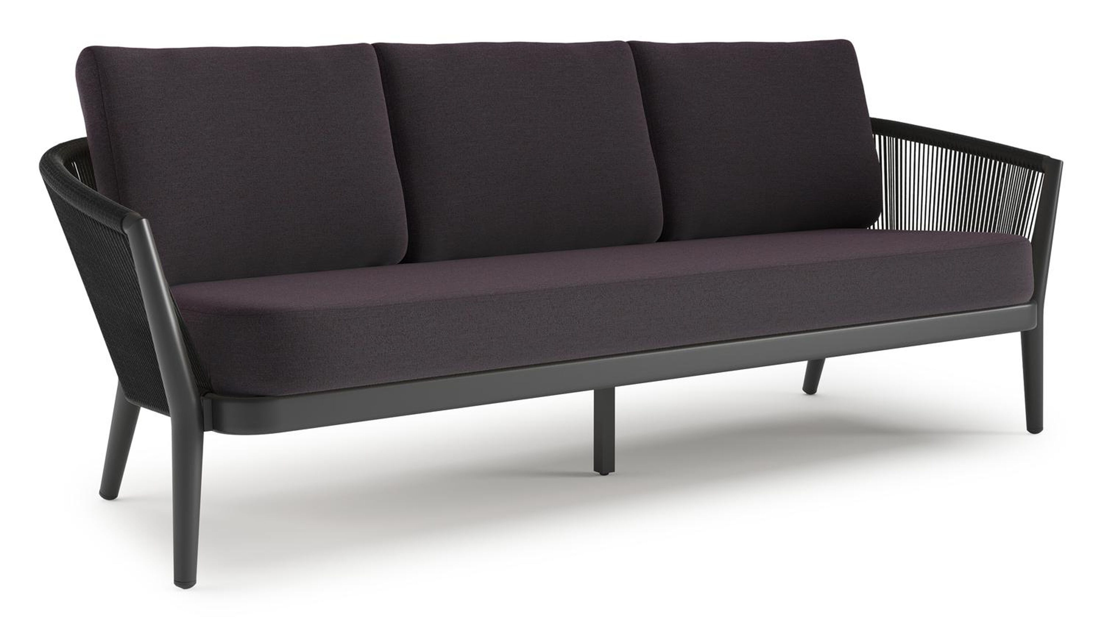 Orso loungebank in zwart aluminium en zwart verticaal geweven ronde rope met Tundra Red all weather sunbrella® luxe kussen