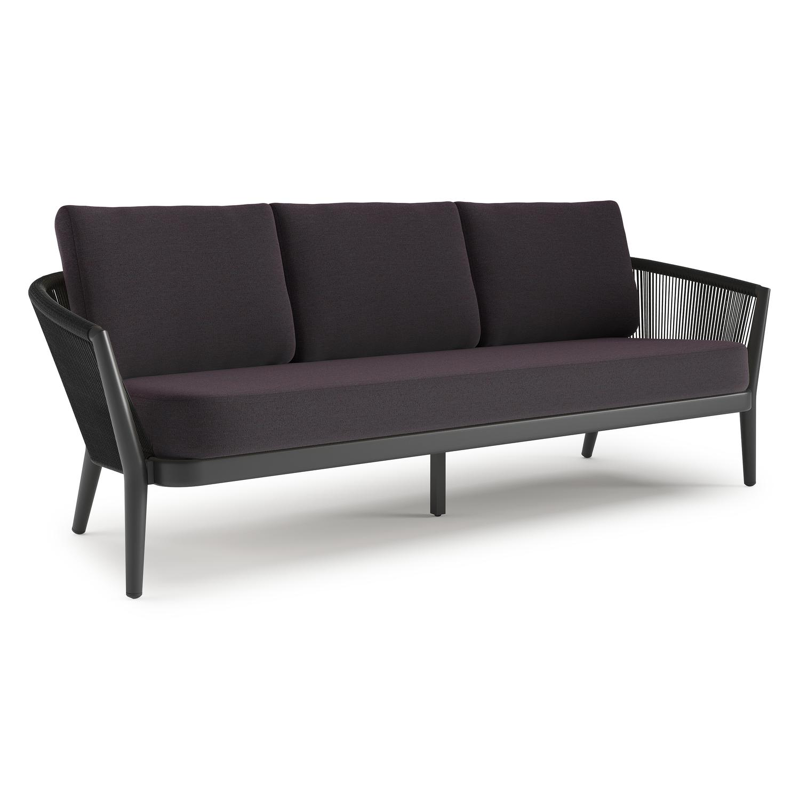 Orso loungebank in zwart aluminium en zwart verticaal geweven ronde rope met Tundra Red all weather sunbrella® luxe kussen