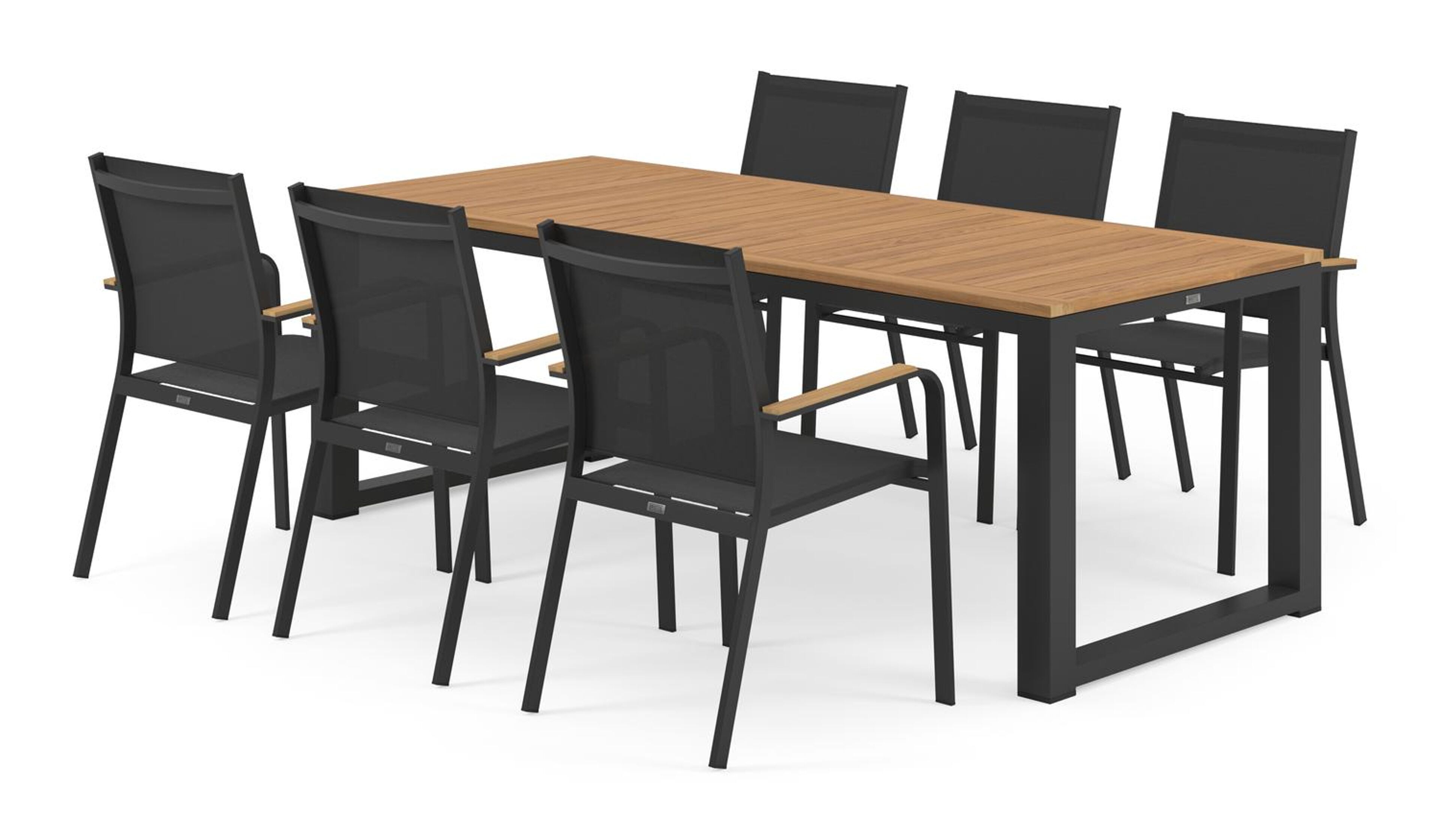 Livo tuinset in zwart aluminium en naturel teak tafelblad met 6 stapelbare Amalfi tuinstoelen