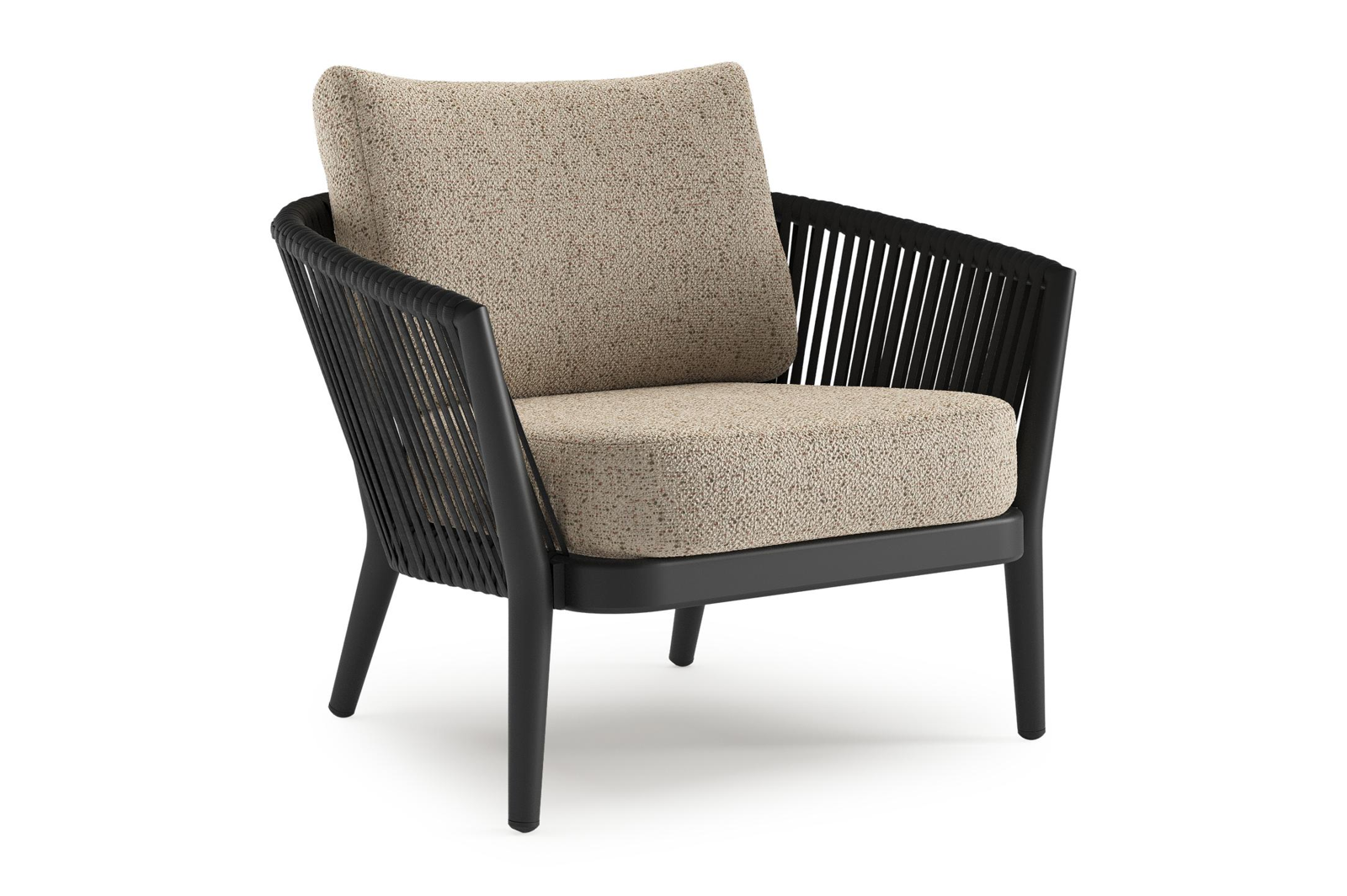 Orso loungestoel in zwart aluminium en zwart verticaal geweven ronde rope met Bora Jungle all weather cosytica kussen