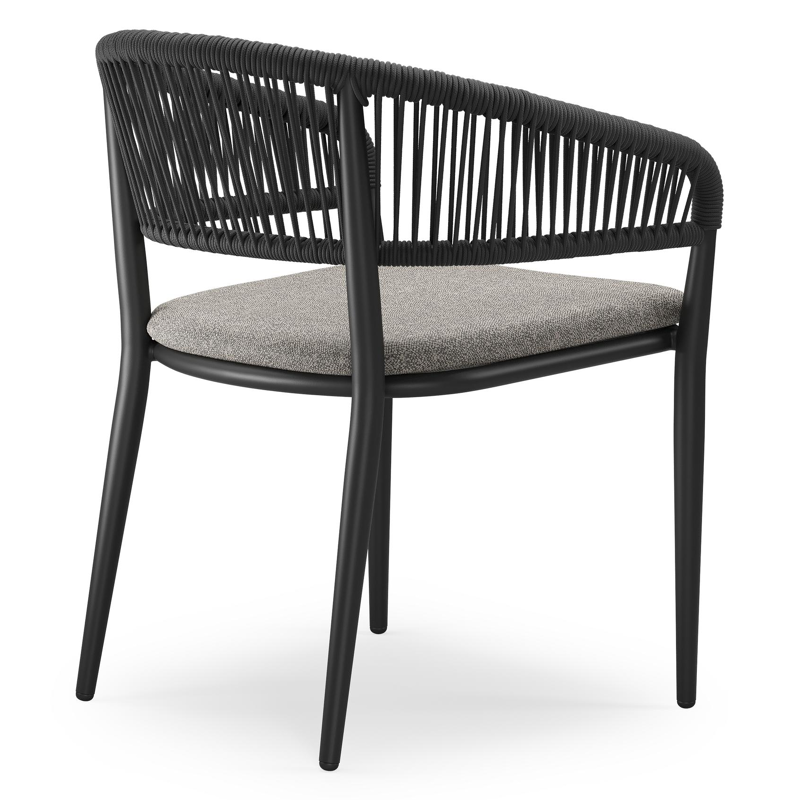 Tolfa stapelbare tuinstoel in zwart aluminium en zwart verticaal geweven ronde rope met stoelkussen in All Weather Sunbrella® Luxe Chartres Drizzle