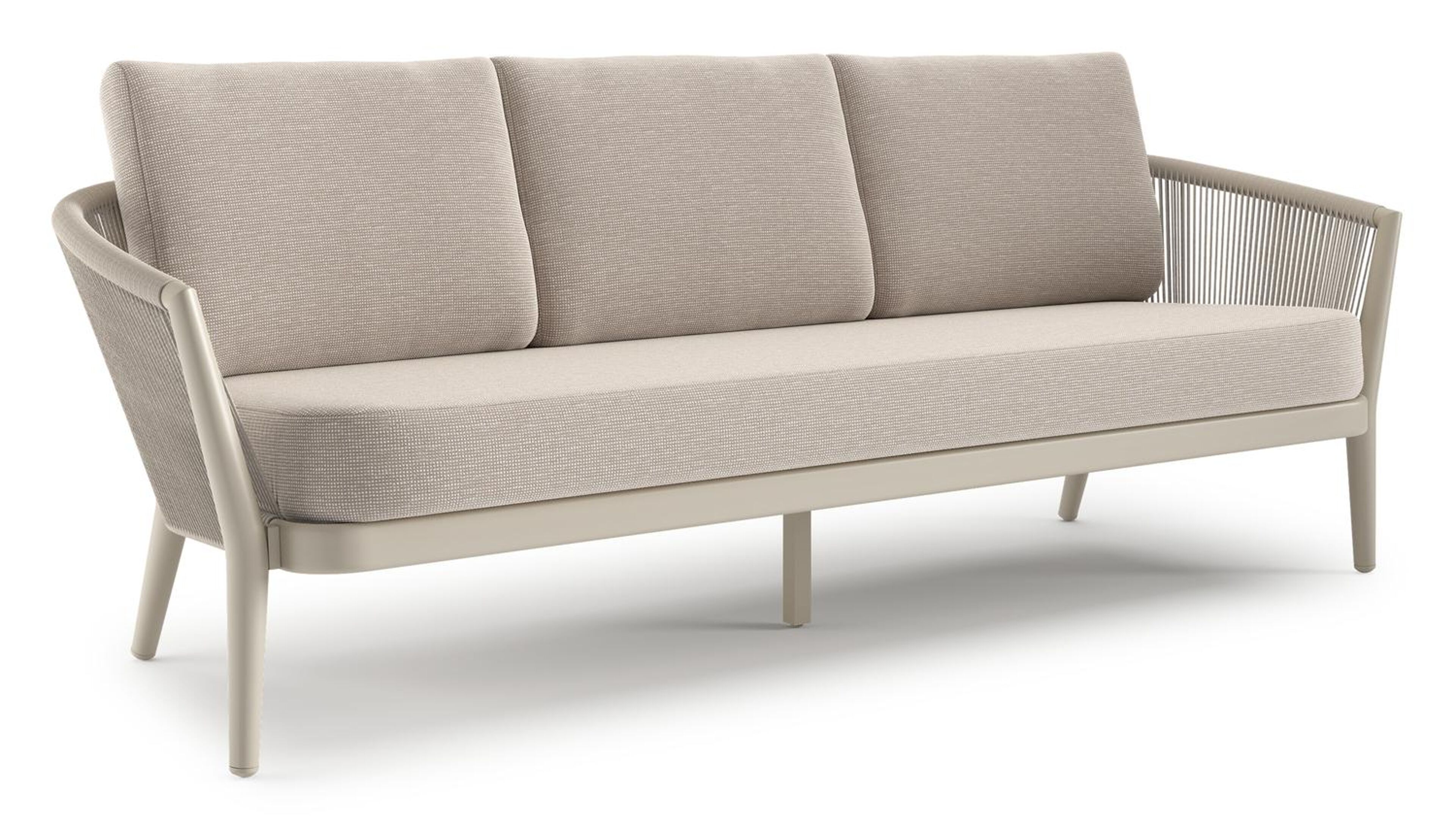 Orso loungebank in beige aluminium en beige verticaal geweven ronde rope met Slow Farafra all weather sunbrella® luxe kussen