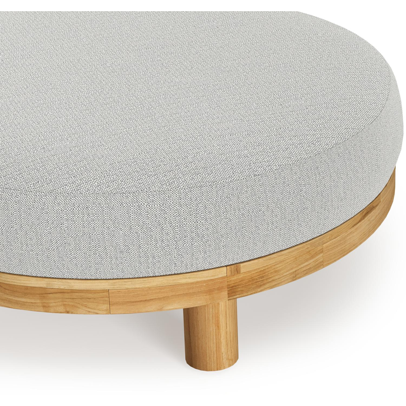 Salon de jardin pouf Donato en teck et corde ronde tissée verticalement beige et coussins en all weather sunbrella® luxe Savane Nimbus