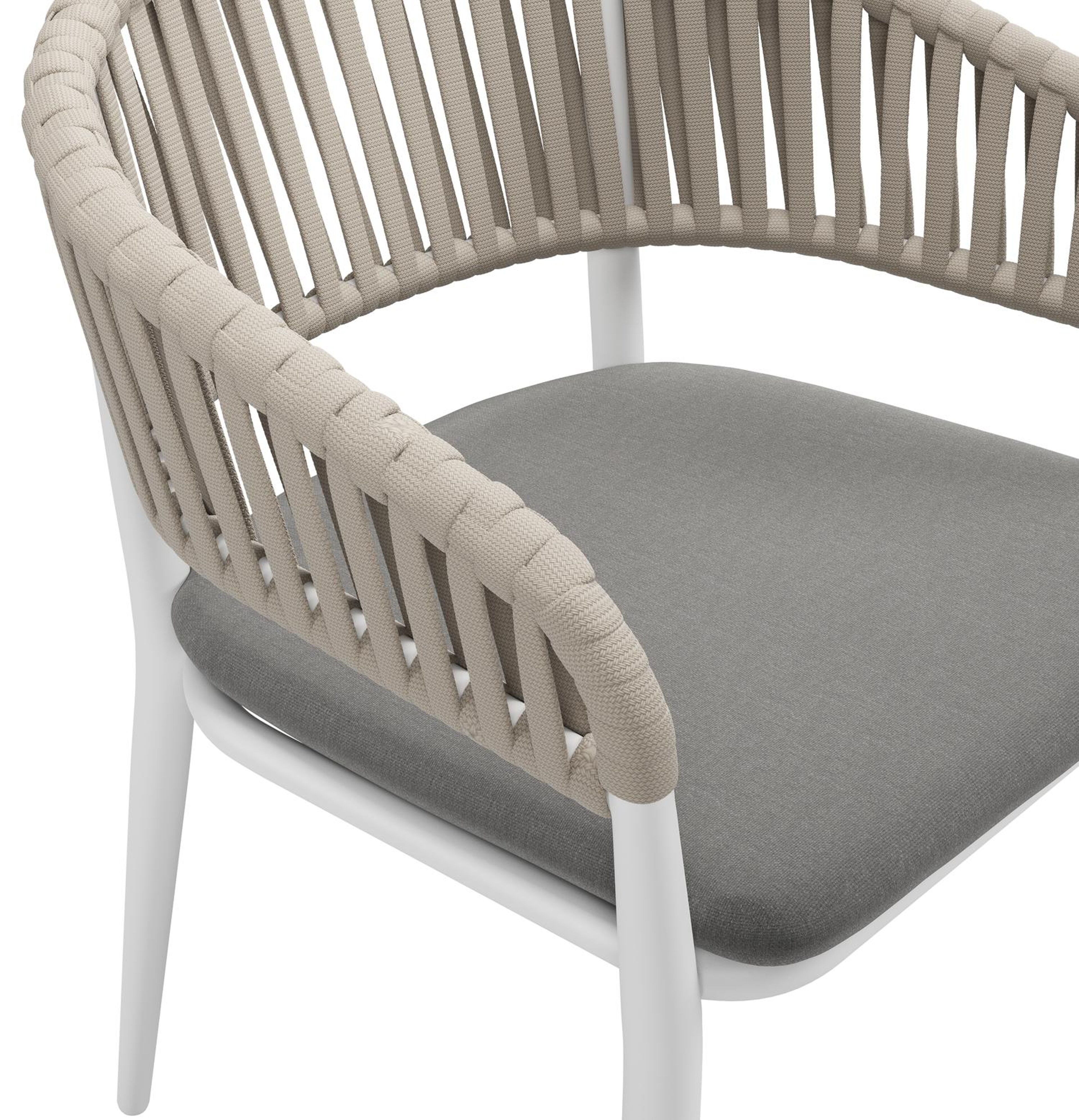 Tolfa stapelbare tuinstoel in wit aluminium en beige verticaal geweven luxe vlakke brede rope met stoelkussen in All Weather Sunbrella® Luxe Natte Charcoal Chine