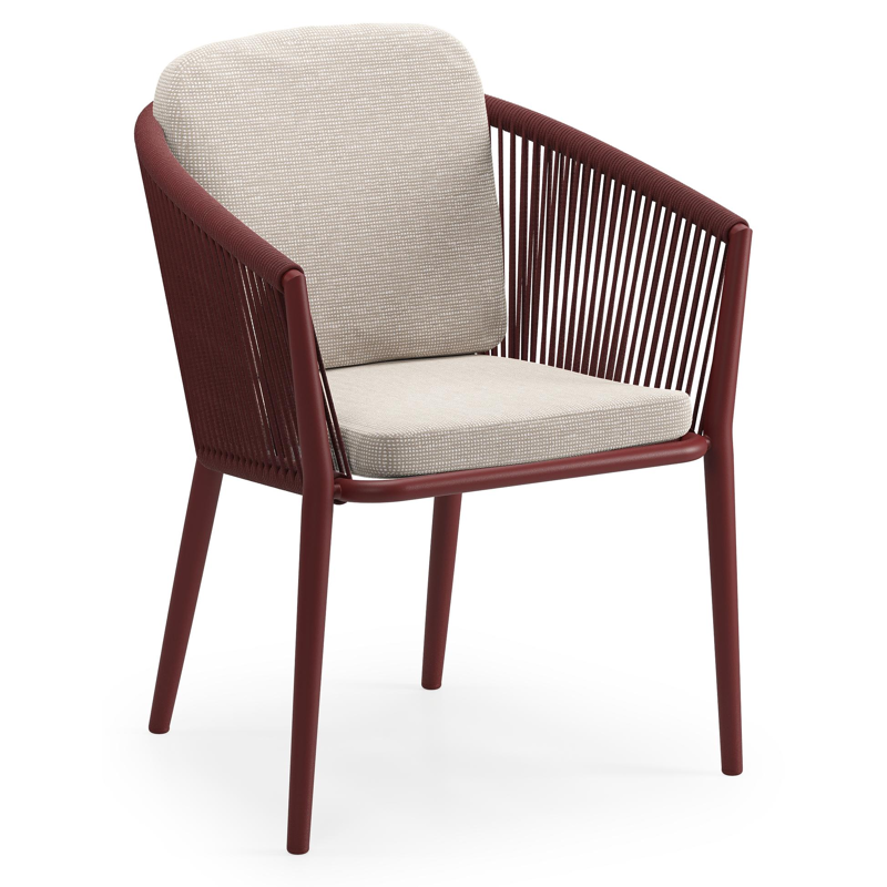 Chaise de jardin Orso en aluminium ruby et corde ronde tissée verticalement ruby avec coussin luxe en All Weather Sunbrella® Luxe Slow Farafra