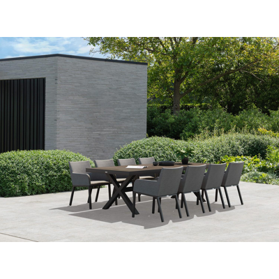 Reza tuinset in zwart aluminium en zwart volkeramiek tafelblad met 8 Rivo tuinstoelen