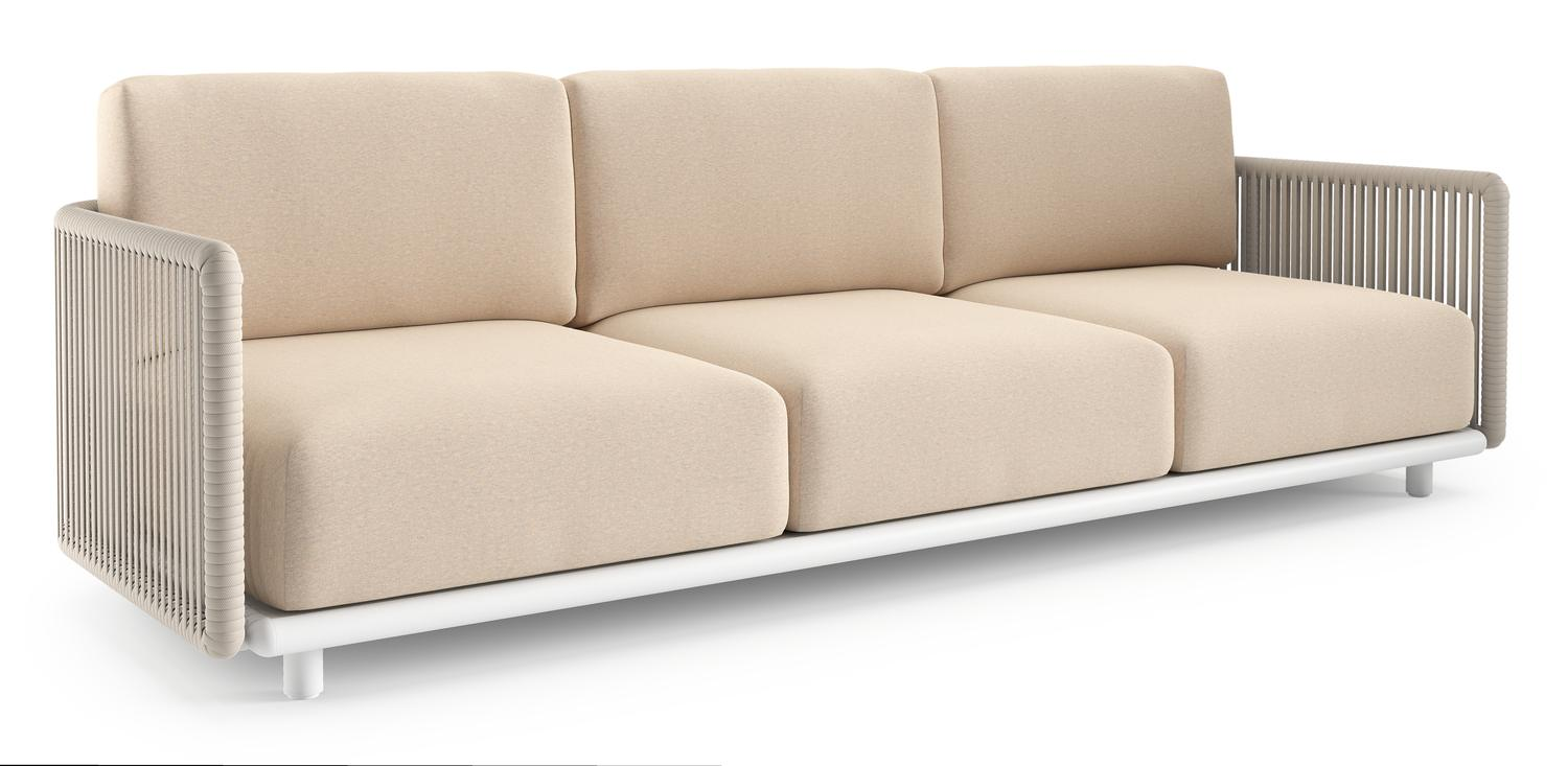 Organo loungebank in wit aluminium en beige verticaal geweven luxe vlakke rope met heritage papyrus all weather Sunbrella® luxe kussen