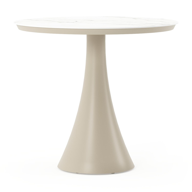 Table de jardin Fano ronde en aluminium beige et céramique pleine Calacatta - Diam. 85 x Haut. 75 cm