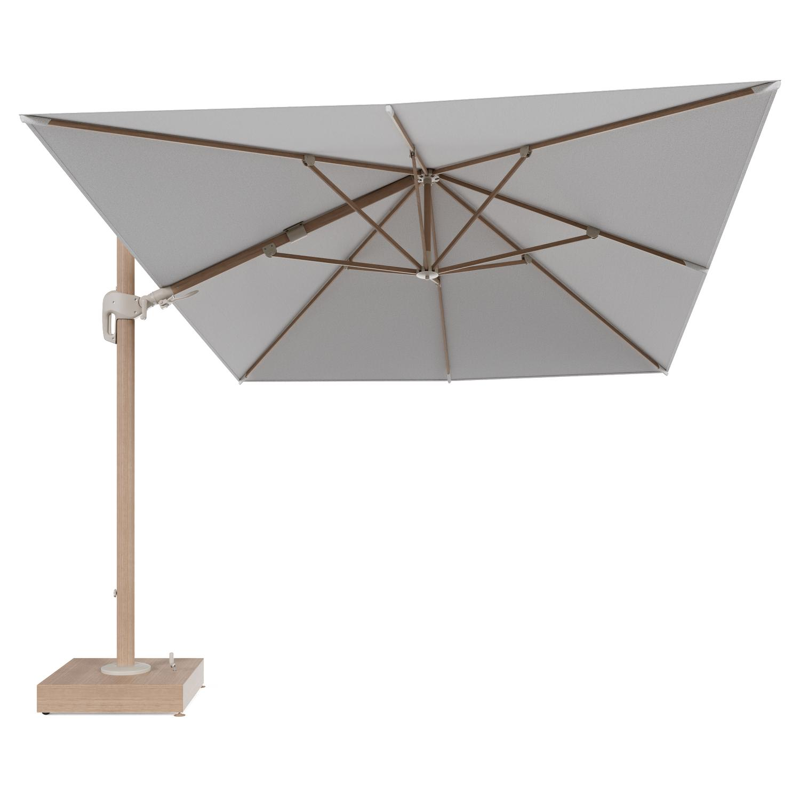Rufina zweefparasol met tiltfunctie in houtlook aluminium en Ego Birch All Weather Solica parasoldoek - L1 400 x L2 300 cm met parasolvoet Minore 150 kg met wielen