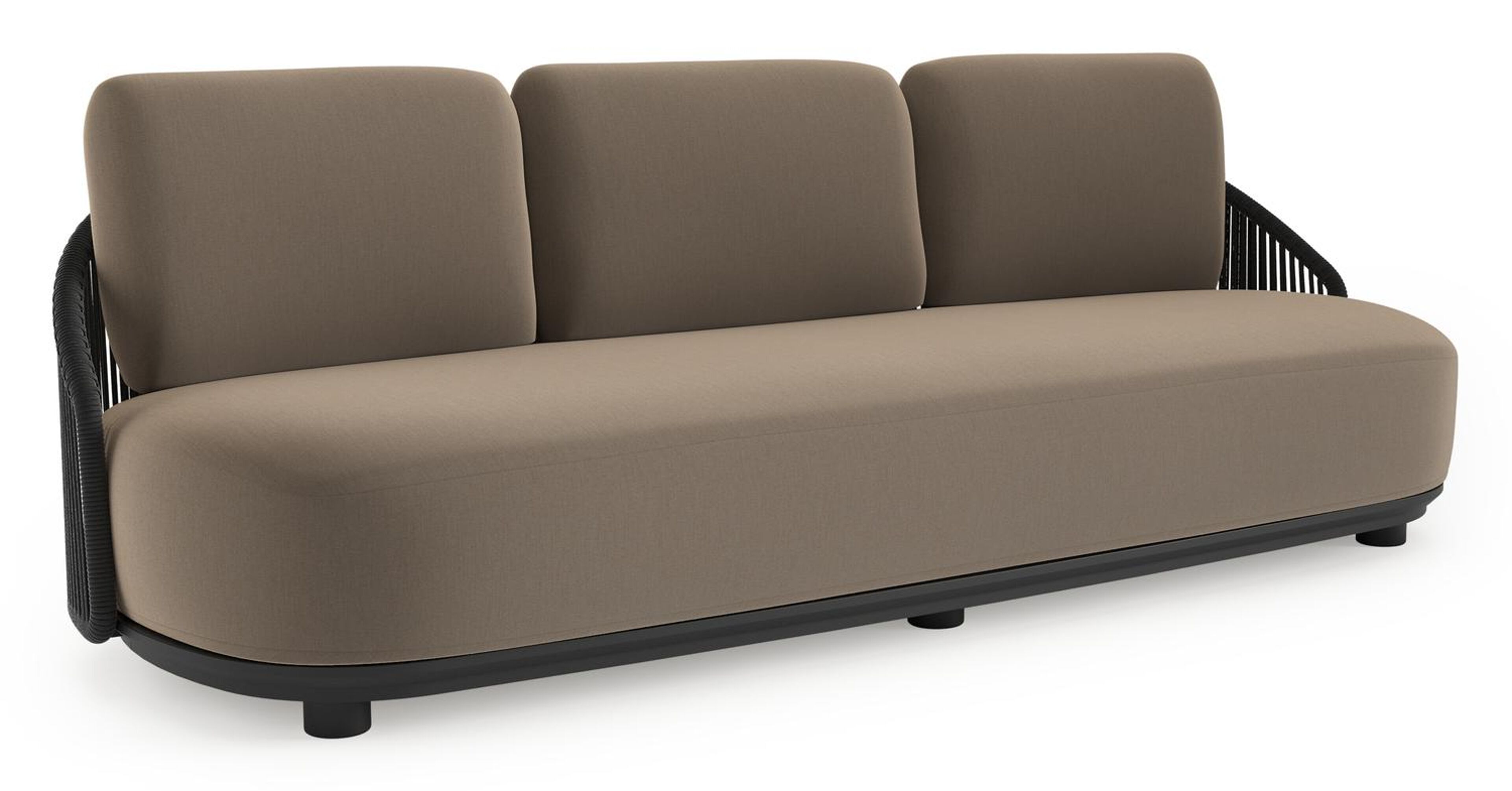 Canapé de jardin Vadelo en aluminium noir et corde ronde tissée verticalement noir et coussins en all weather sunbrella® luxe natte heather grey