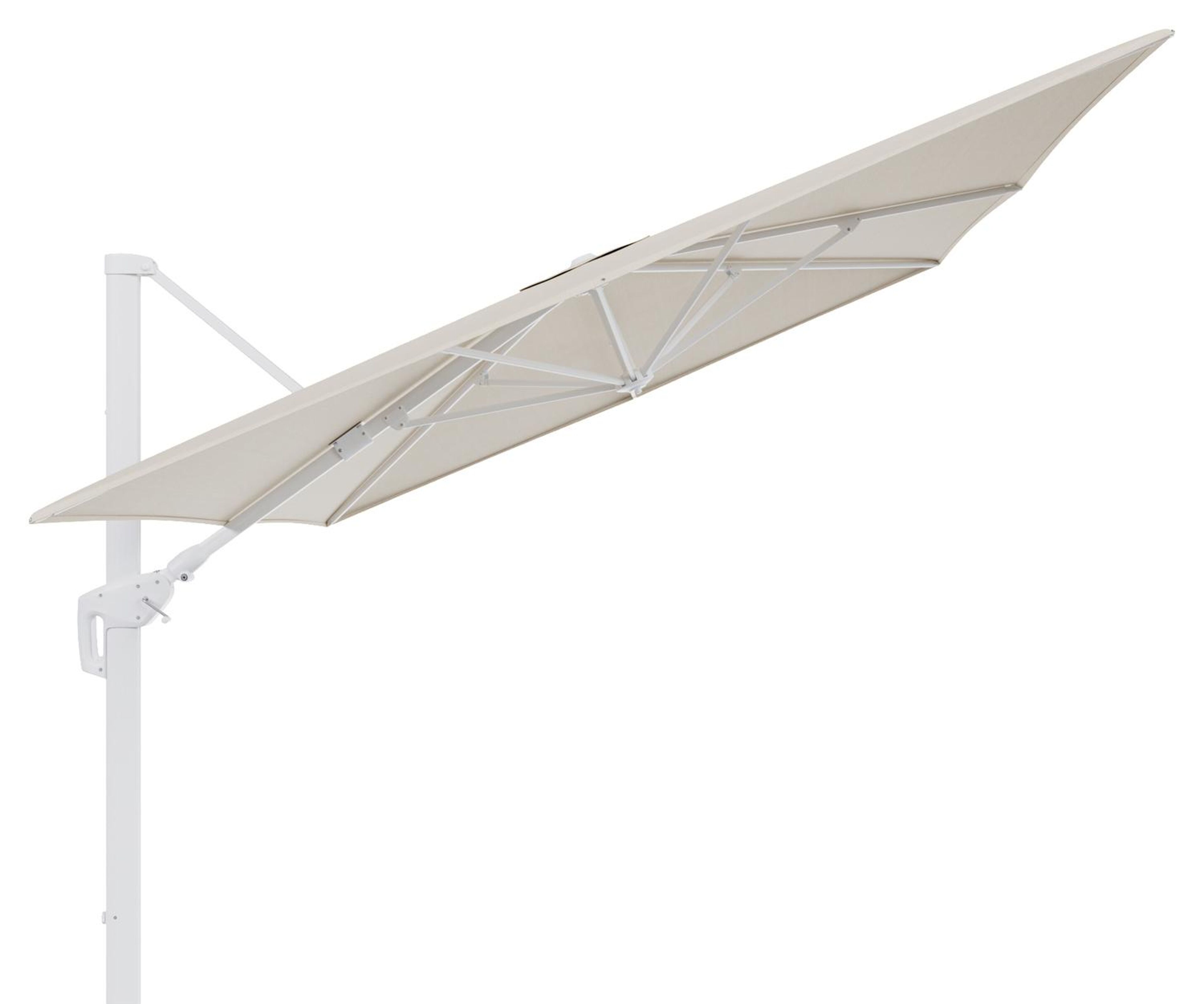 Parasol pendant Minore avec fonction tilt en aluminium blanc et Sunbrella Premium beige - Lg.1 400 x Lg.2 300 cm