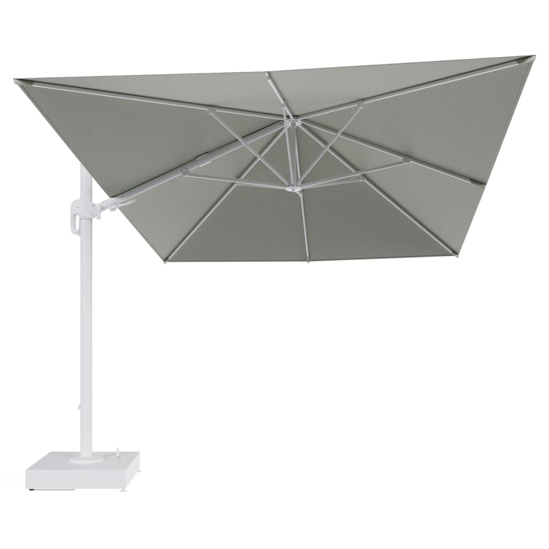 Rufina zweefparasol met tiltfunctie in wit aluminium en Slow Spirea All Weather Sunbrella® Luxe parasoldoek - L1 400 x L2 300 cm met parasolvoet Minore 150 kg met wielen