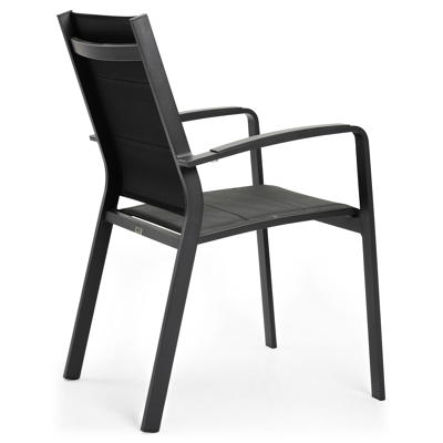 Lioni stapelbare tuinstoel in zwart aluminium en zwart comfort textilene