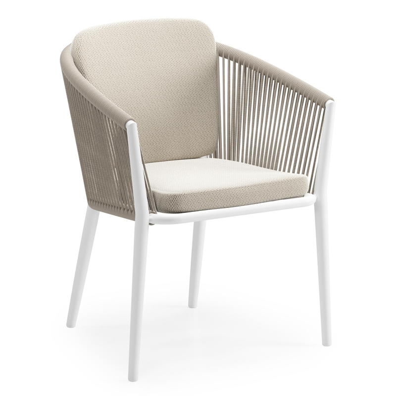 Orso tuinstoel in wit aluminium en beige verticaal geweven ronde rope met kussen in lopi marble all weather sunbrella® luxe