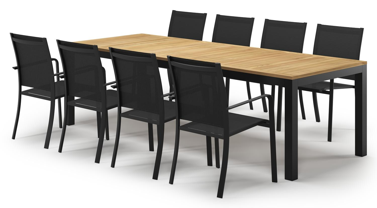 Varese tuinset in zwart aluminium en naturel teak tafelblad met 8 stapelbare Calobra tuinstoelen