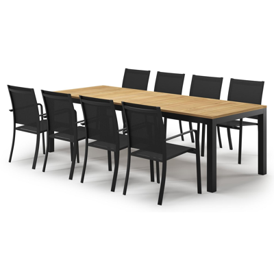 Ensemble de jardin Varese en aluminium noir avec plateau de table en teck naturel et 8 chaises de jardin empilables Calobra
