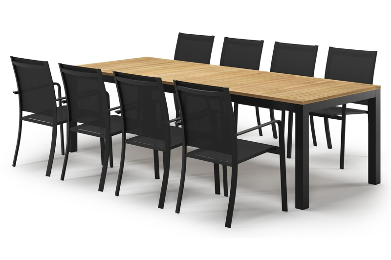 Ensemble de jardin Varese en aluminium noir avec plateau de table en teck naturel et 8 chaises de jardin empilables Calobra