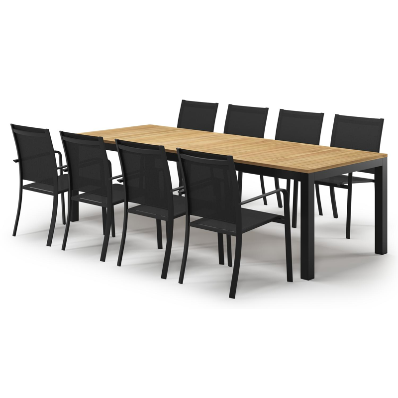 Varese tuinset in zwart aluminium en naturel teak tafelblad met 8 stapelbare Calobra tuinstoelen