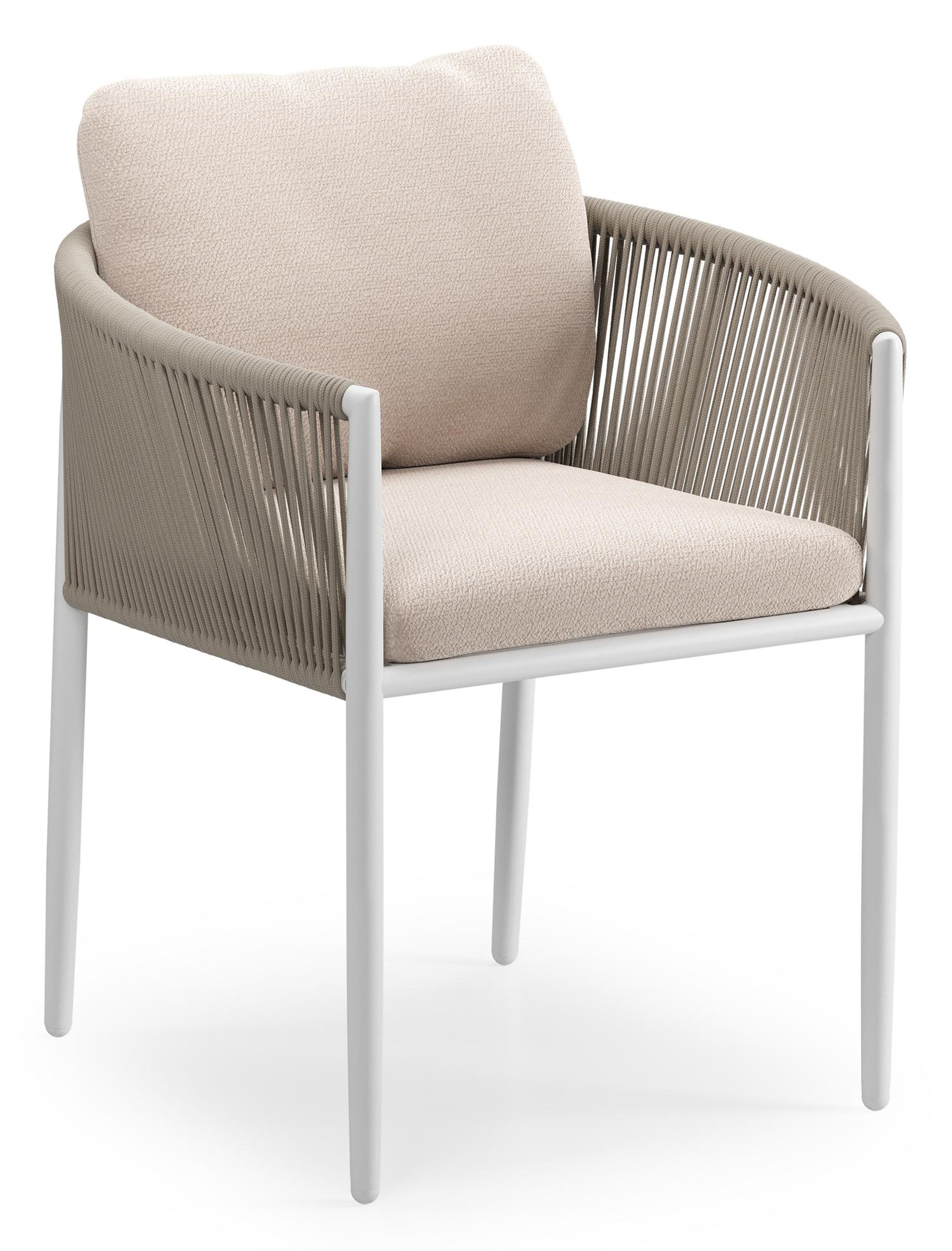 Organo tuinstoel in beige aluminium en beige verticaal geweven ronde rope met stoelkussen in All Weather Sunbrella® Luxe Wander Pilat
