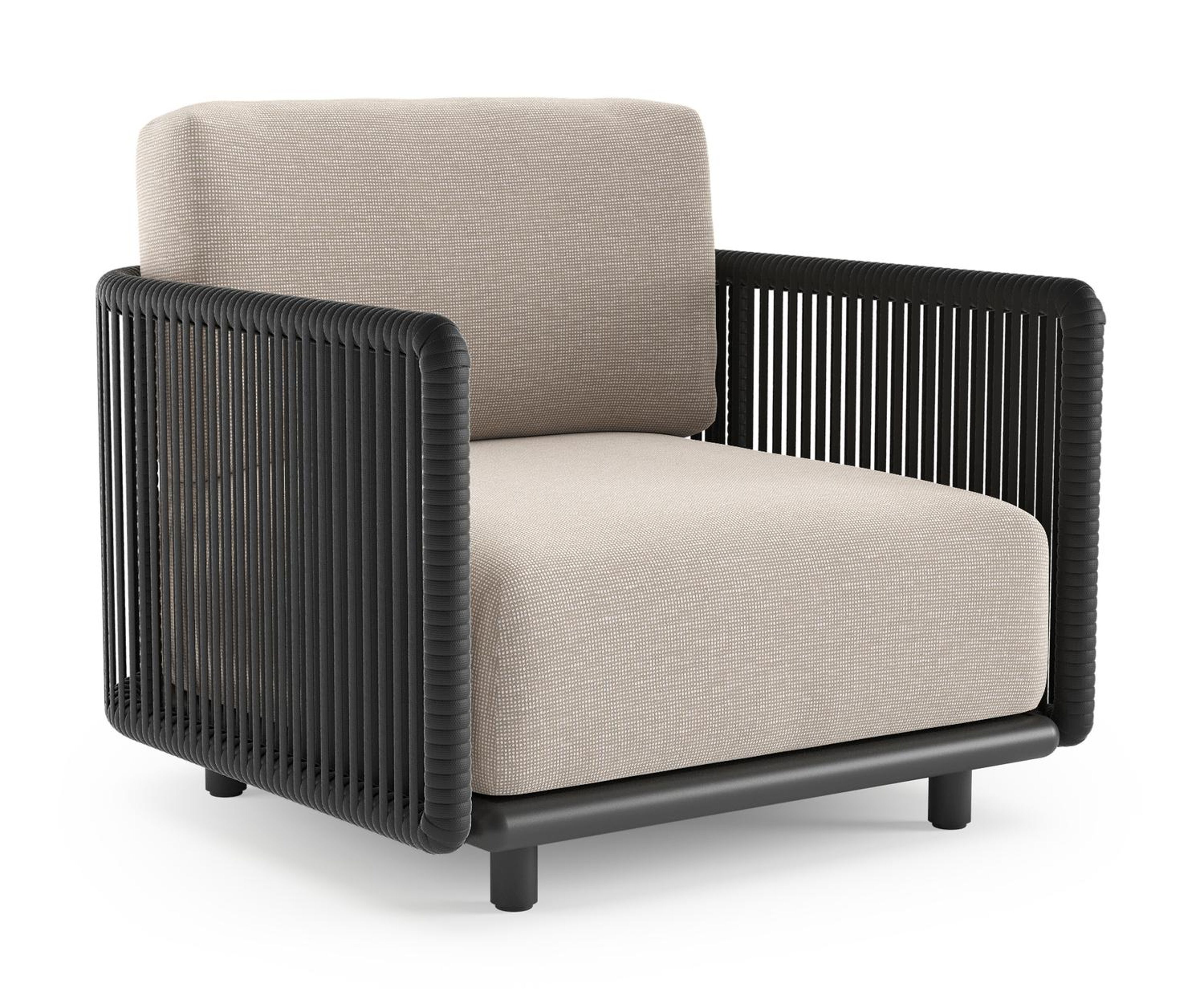 Organo loungestoel in zwart aluminium en zwart verticaal geweven luxe vlakke rope met slow farafra all weather Sunbrella® luxe kussen