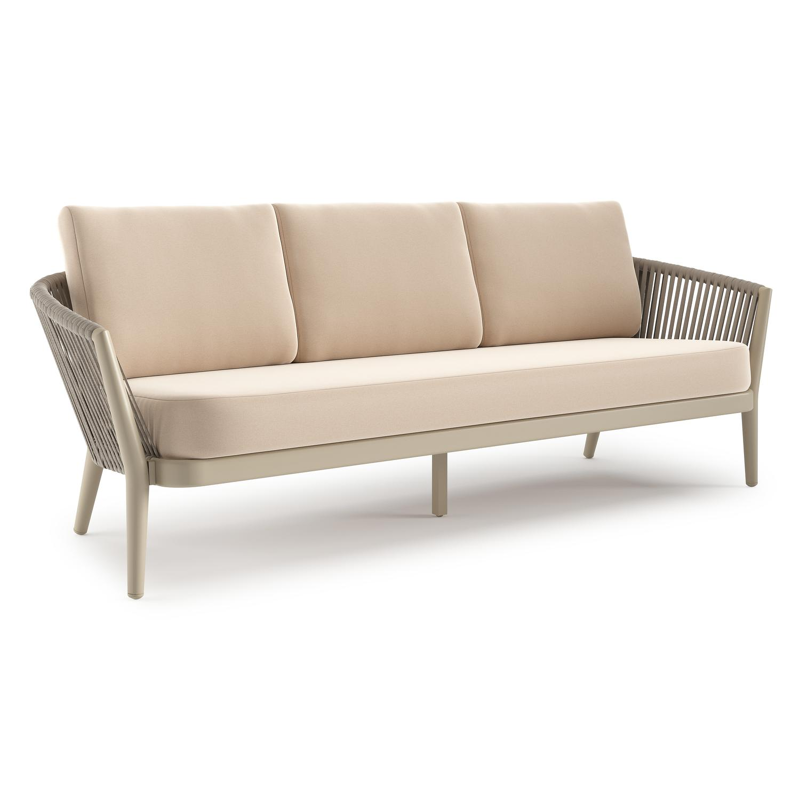 Orso loungebank in beige aluminium en beige verticaal geweven ronde rope met Natte Linen Chalk all weather sunbrella® luxe kussen