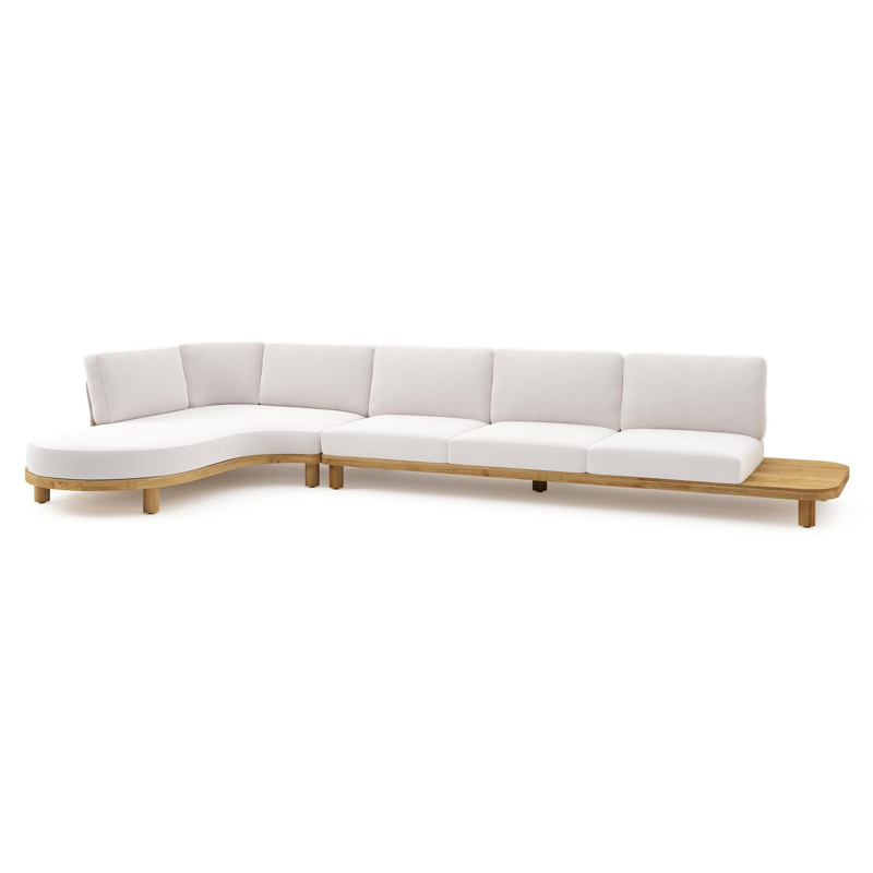 Donato loungehoek in teak en beige verticaal geweven ronde rope met all weather solica Ego Eggshell kussen