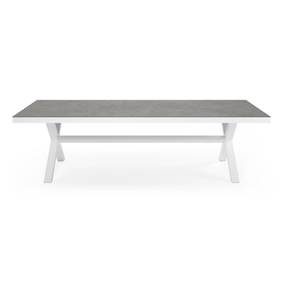 Reza tuinset in wit aluminium en grijs volkeramiek tafelblad met 8 stapelbare Calobra tuinstoelen