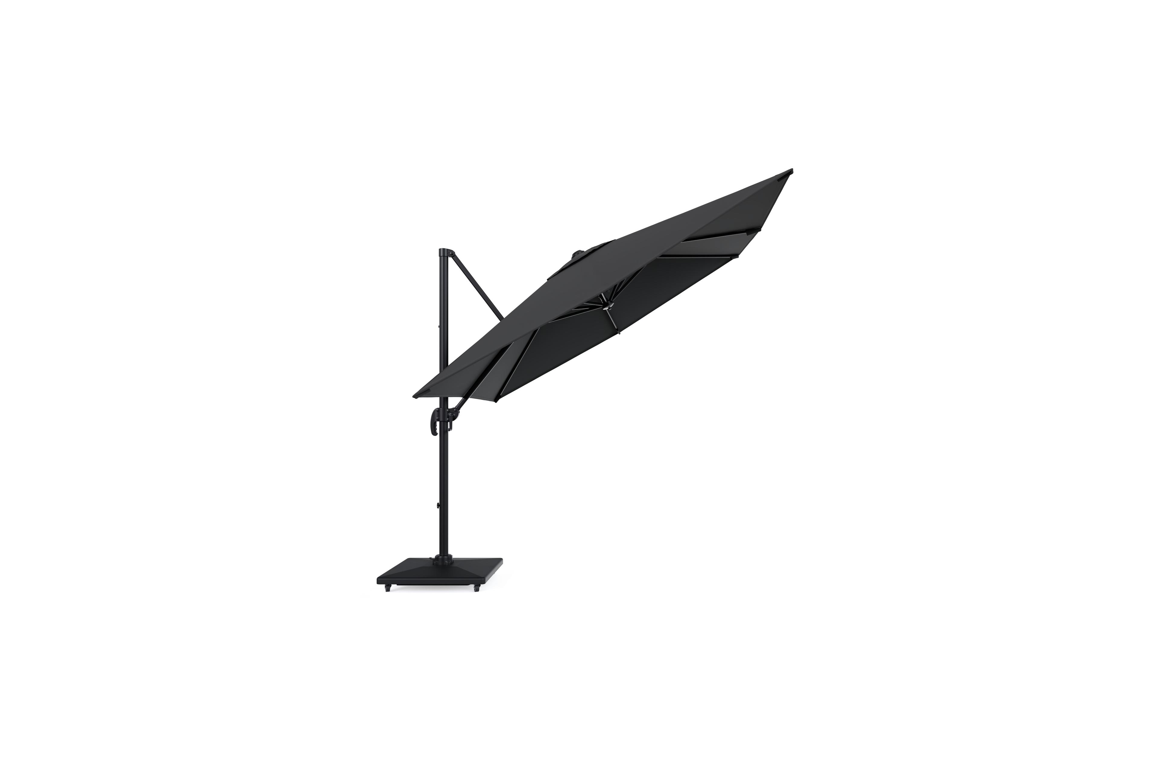 Calpe zweefparasol in zwart aluminium en zwart Weather+ Softtouch parasoldoek - L1 249 x L2 270 cm met Calpe parasolvoet 70 kg met wielen