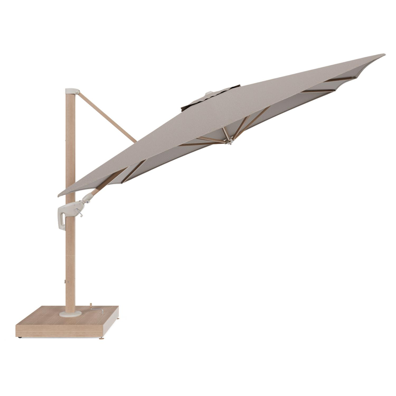 Minore zweefparasol met tiltfunctie in houtlook aluminium en Firenze Earth All Weather Solica parasoldoek - L1 350 x L2 350 cm met parasolvoet Minore 260 kg met wielen