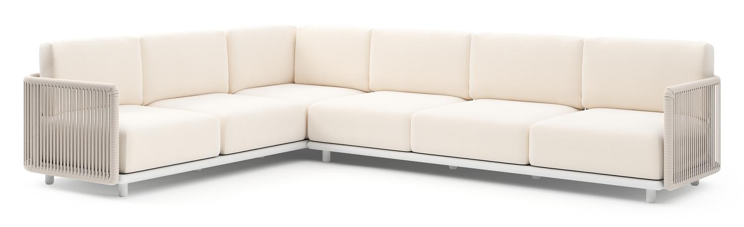 Organo loungehoek in wit aluminium en beige verticaal geweven luxe vlakke rope met lopi snow all weather Sunbrella® luxe kussen