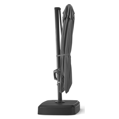 Minore zweefparasol met tiltfunctie in zwart aluminium met grijs polyester parasoldoek - L1: 300 x L2: 400 cm (met voet)