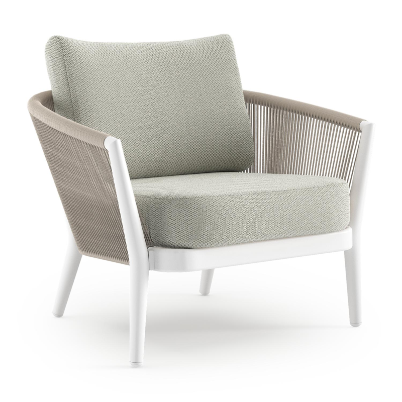 Fauteuil de jardin Orso en aluminium blanc en corde ronde tissée verticalement beige et coussins en all weather sunbrella® luxe Lopi Bud