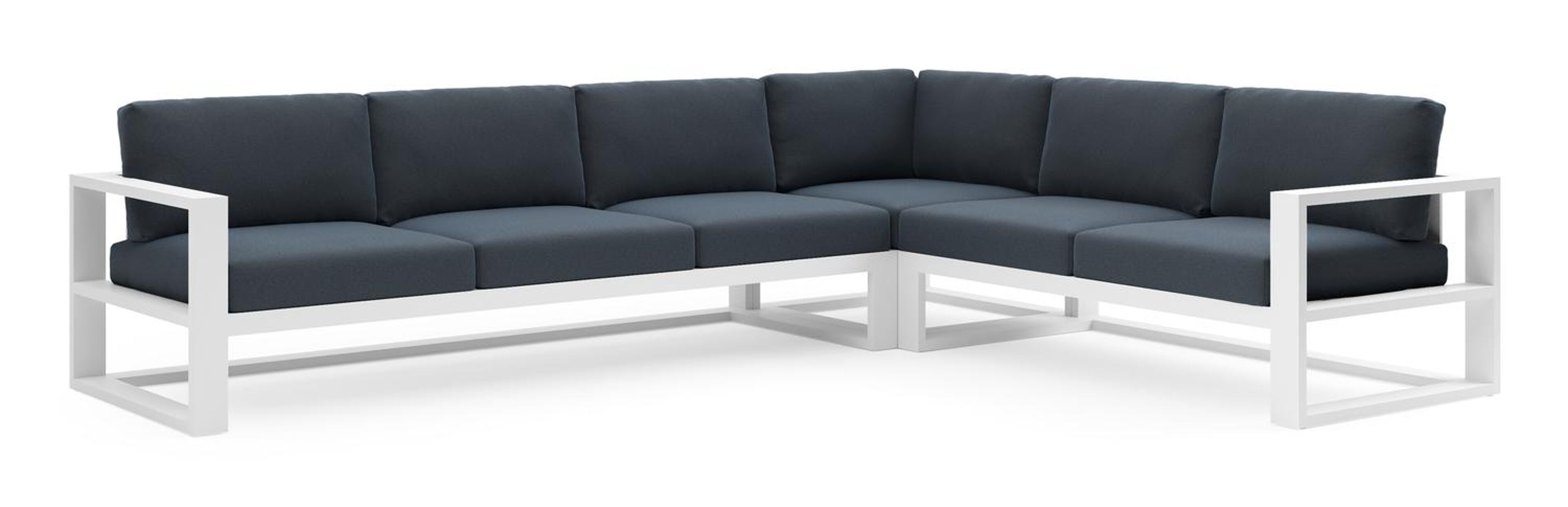 Verato loungehoek in wit aluminium met heritage indigo all weather sunbrella® luxe kussen