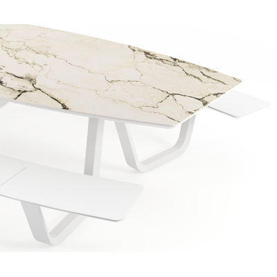 Forno picknicktafel bootvorm in wit aluminium en volkeramiek colorado dunes tafelblad - L 280 x B 192 x 72 cm