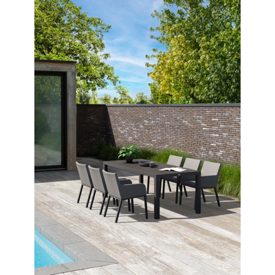 Varese tuinset in zwart aluminium en zwart volkeramiek tafelblad met 6 Rivo tuinstoelen