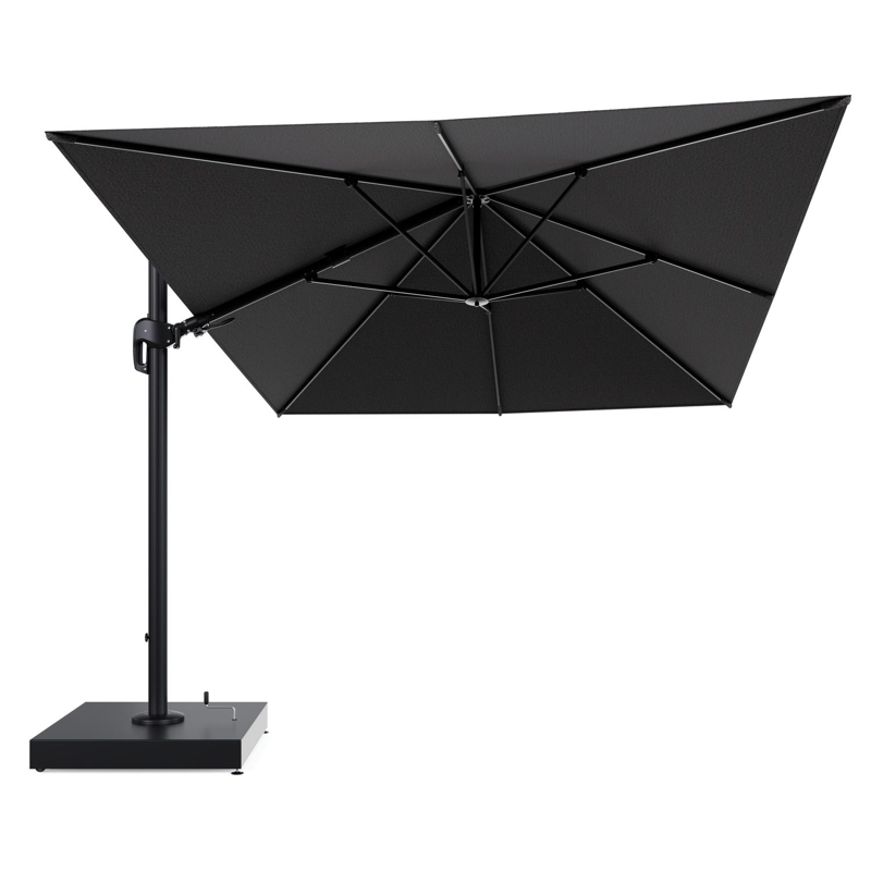 Rufina zweefparasol met tiltfunctie in zwart aluminium en Firenze Tunder All Weather Solica parasoldoek - L1 400 x L2 300 cm met parasolvoet Minore 260 kg met wielen