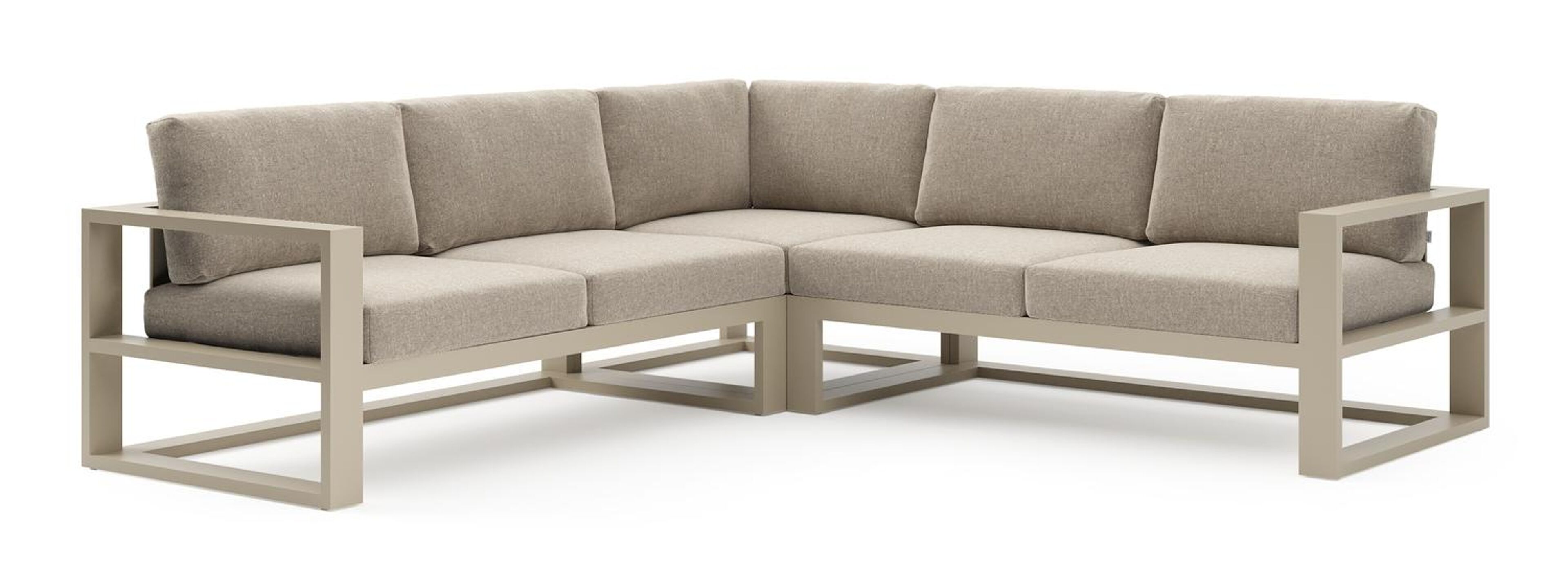 Salon de jardin d'angle Verato en aluminium beige et coussins en all weather sunbrella® luxe chartres pewter