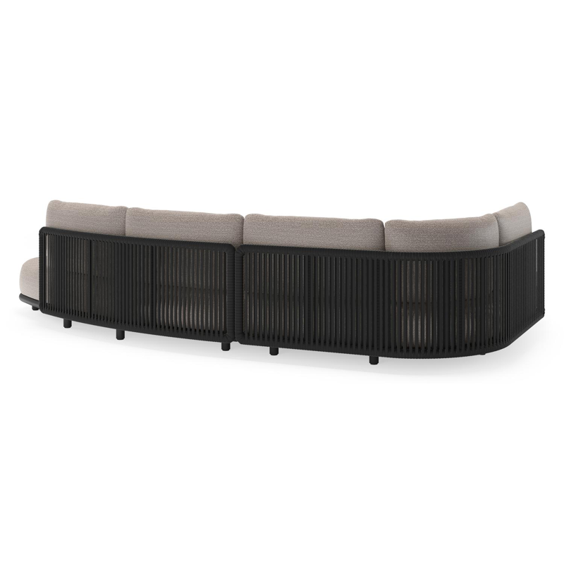 Lomano loungehoek in zwart aluminium en zwart verticaal geweven luxe vlakke rope met wander granite all weather sunbrella® luxe kussen