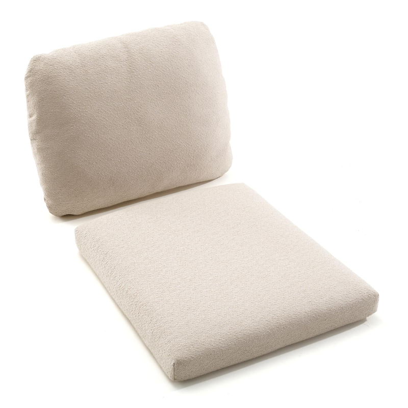 Organo tuinstoel in beige aluminium en beige verticaal geweven luxe vlakke rope met kussen in All Weather Sunbrella® Luxe Wander Pilat