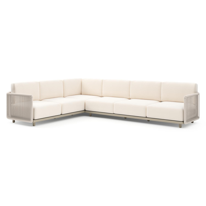 Organo loungehoek in beige aluminium en beige verticaal geweven luxe vlakke rope met lopi snow all weather Sunbrella® luxe kussen