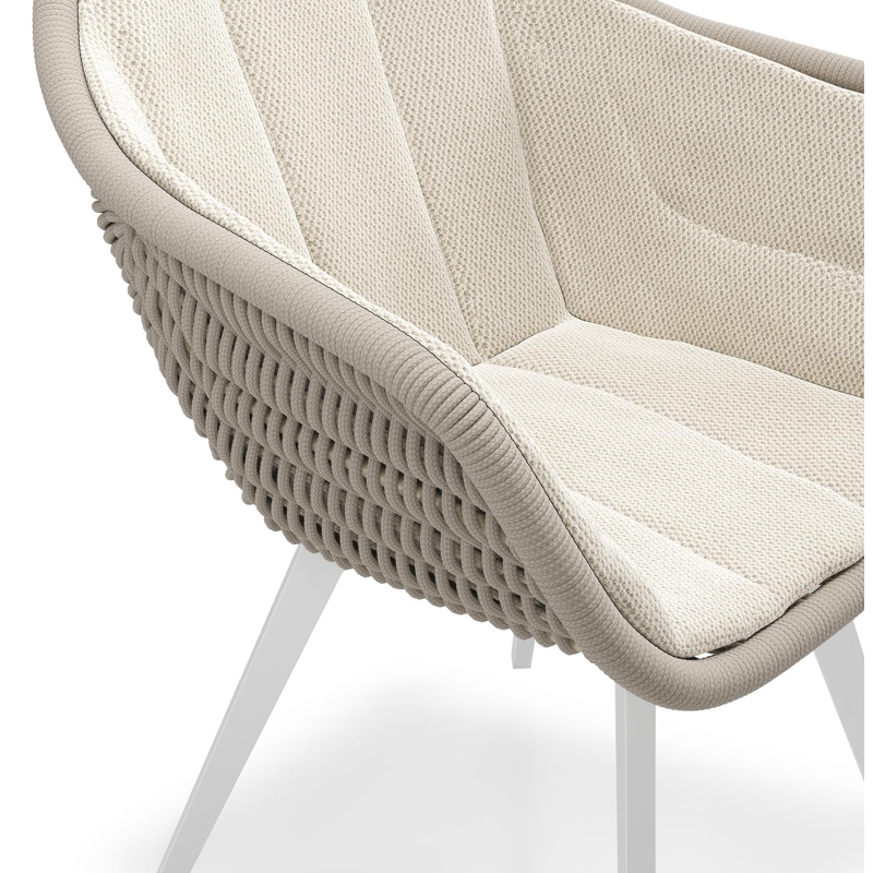 Pagino tuinstoel in wit aluminium en beige ronde wicker met kussen in lopi marble all weather sunbrella® luxe