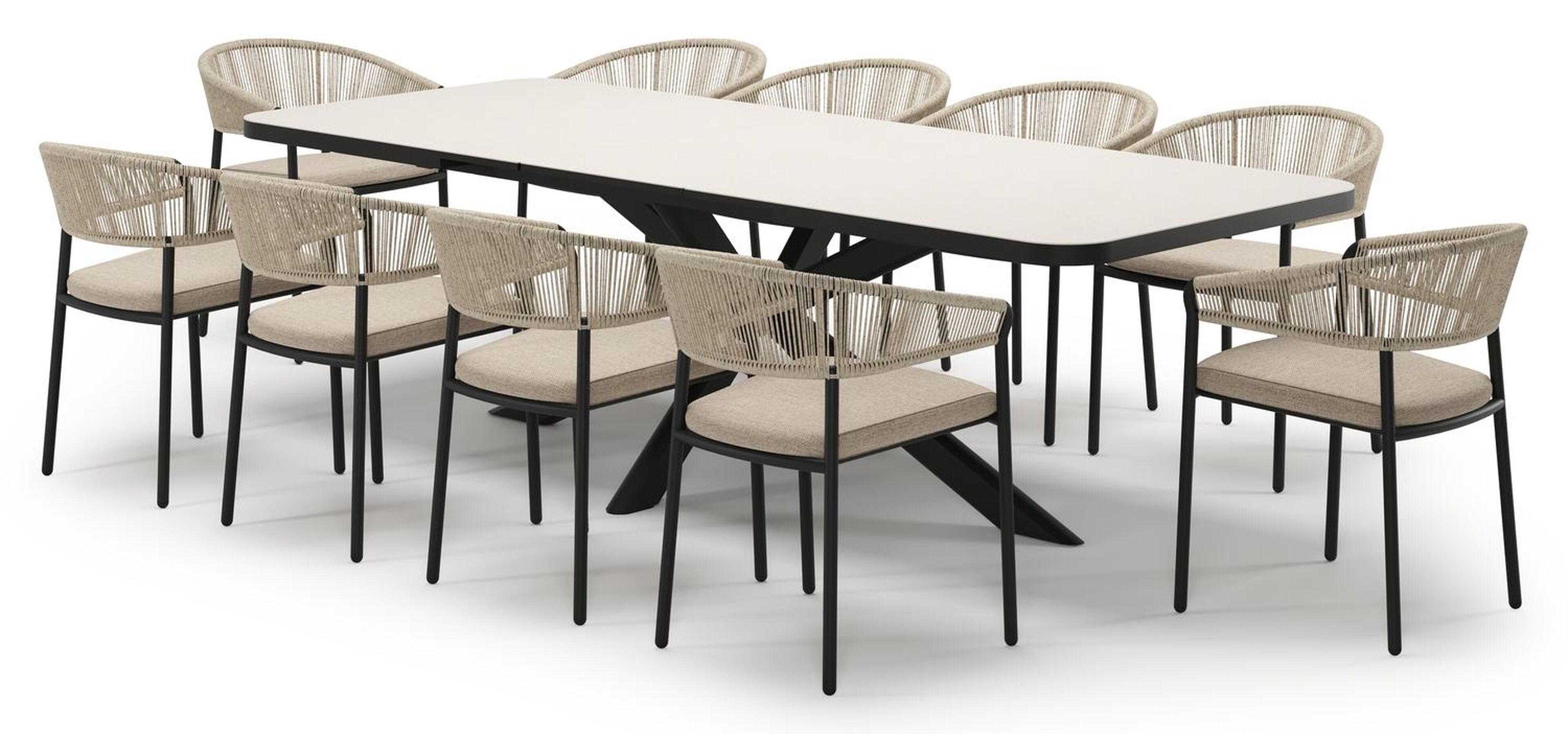 Estella verlengbare tuinset rechthoekig in zwart aluminium en sintered stone Crema minerale met 10 Zamora tuinstoelen