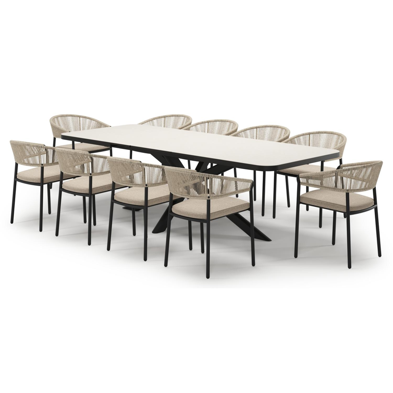 Estella verlengbare tuinset rechthoekig in zwart aluminium en sintered stone Crema minerale met 10 Zamora tuinstoelen