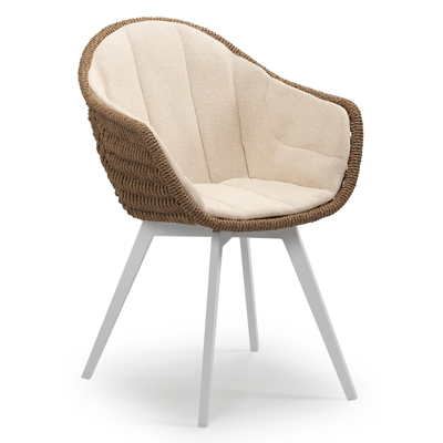 Pagino tuinstoel in wit aluminium en bruin ronde wicker met zitkussen in All Weather Sunbrella® Luxe Heritage Papyrus