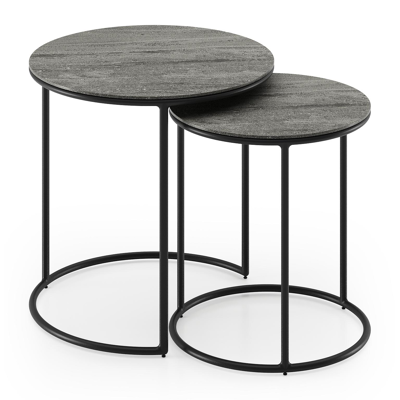 Set van 2 Fano loungetafels in zwart aluminium met volkeramiek Aspen Grey - tafel 1: dia 50 x H 50, tafel 2: dia 40 x H 45 cm