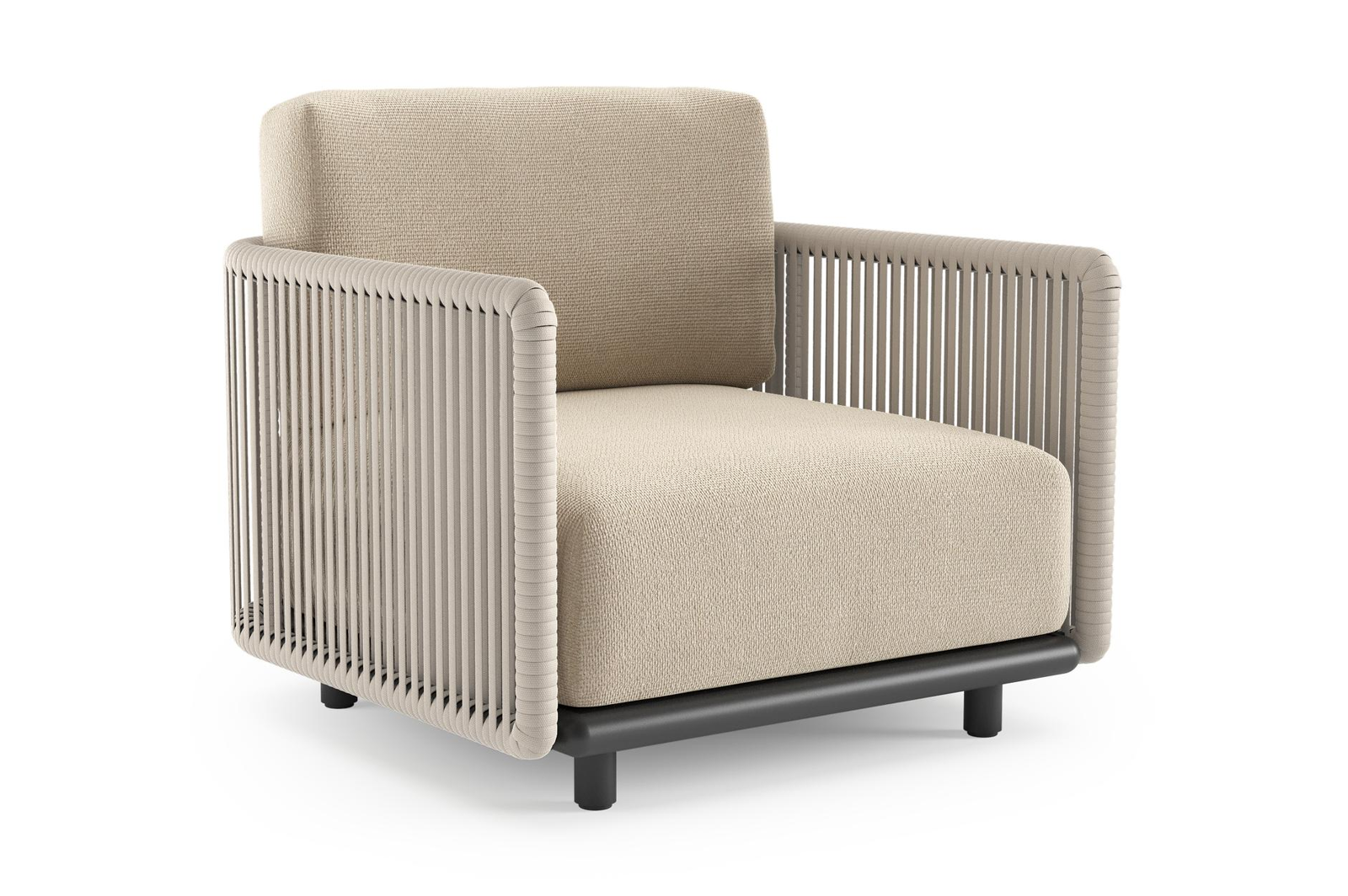 Organo loungestoel in zwart aluminium en beige verticaal geweven luxe vlakke rope met althea chalk all weather Cosytica kussen