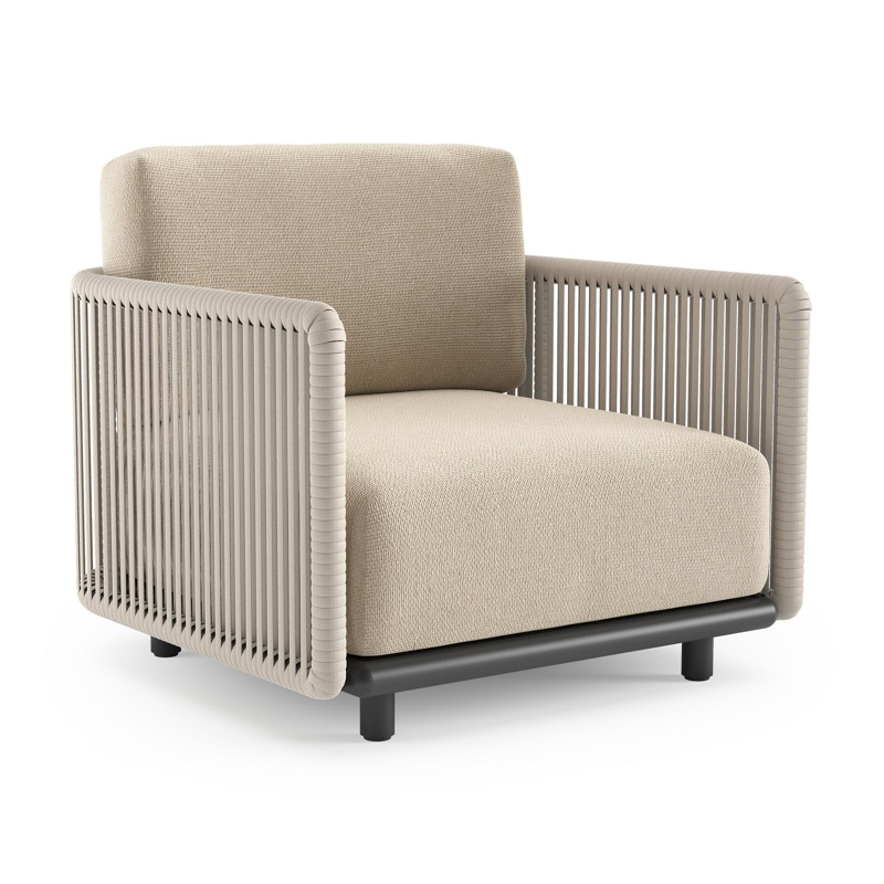 Organo loungestoel in zwart aluminium en beige verticaal geweven luxe vlakke rope met althea chalk all weather Cosytica kussen