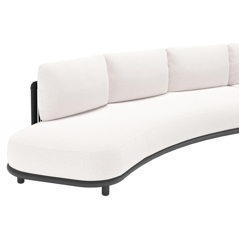 Lomano loungehoek in zwart aluminium en zwart verticaal geweven luxe vlakke rope met ego eggshell all weather solica kussen